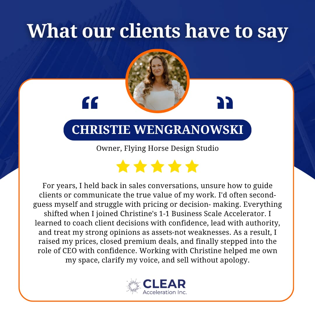 Client Testimonial for the Business Scale Accelerator Private Mentorship Program. Christie Wengranowski owner of Flying Horse Design Studio.