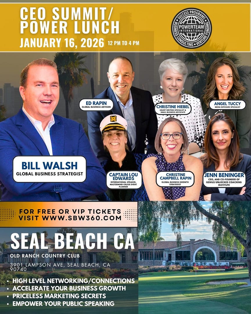 CEO Summit with Bill Walsh and guest speaker Christine Campbell Rapin and others. Whether you are running a small business or you are a CEO of a major company you will love this 1/2 Day Success Summit!