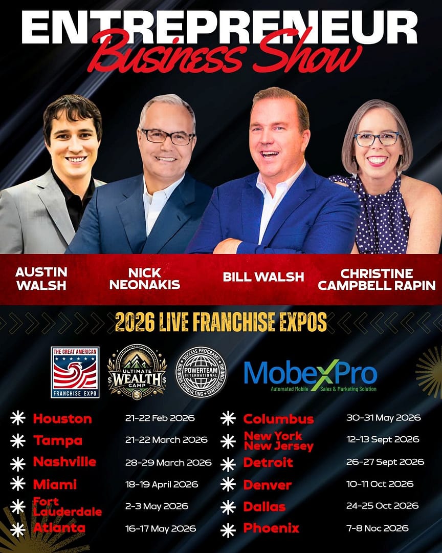 The Great American Franchise Expo connects hundreds of franchise businesses with potential owners. We provide education through seminars from industry experts on topics including franchise law, financing, and other critical business concepts. Attending these expos will provide potential franchisees with the opportunity to network with leading industry executives and franchise developers. CEO of CLEAR Acceleration Inc - Christine Campbell Rapin will be speaking in Houston, Atlanta, New York / New Jersey and Dallas in 2026.