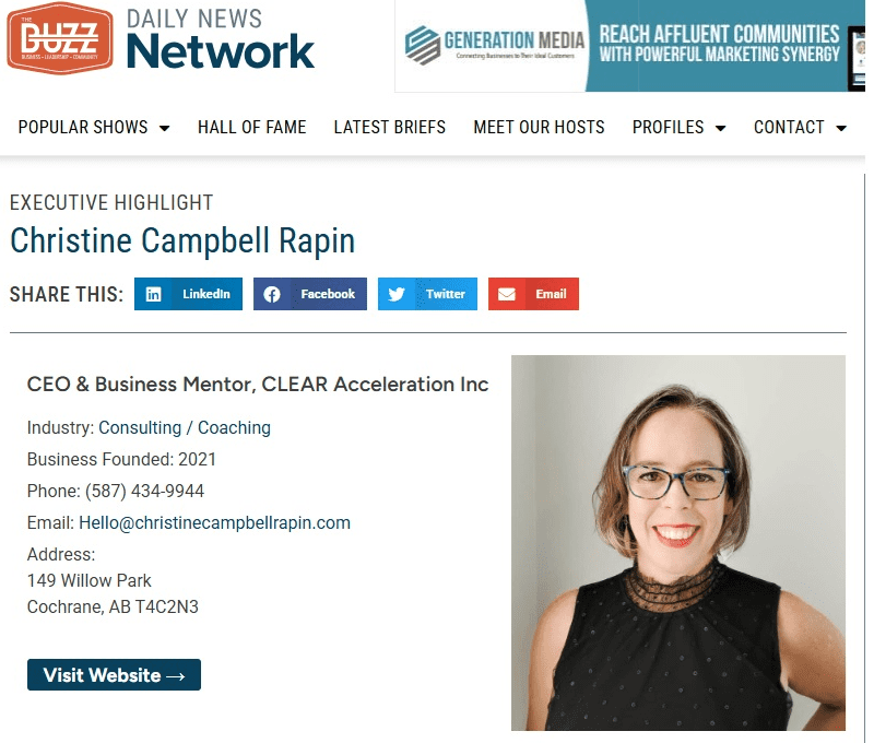 Executive Highlight - Buzz Daily News Network May 2025 Executive Highlight on Christine Campbell Rapin, CEO & Business Mentor of CLEAR Acceleration Inc is featured on the Buzz Daily News Network May 2025.