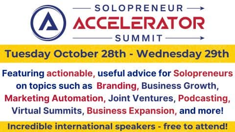 Solopreneur Accelerator Summit Banner. Event happening Oct 28-29th, 2025.